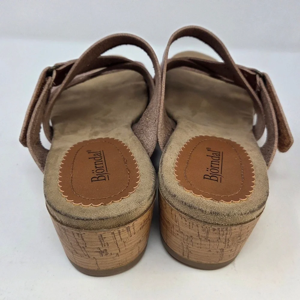 Bjorndal Womens Tan Cognac Strappy Cork Wedge Sandals Hook Loop Closure Size 10